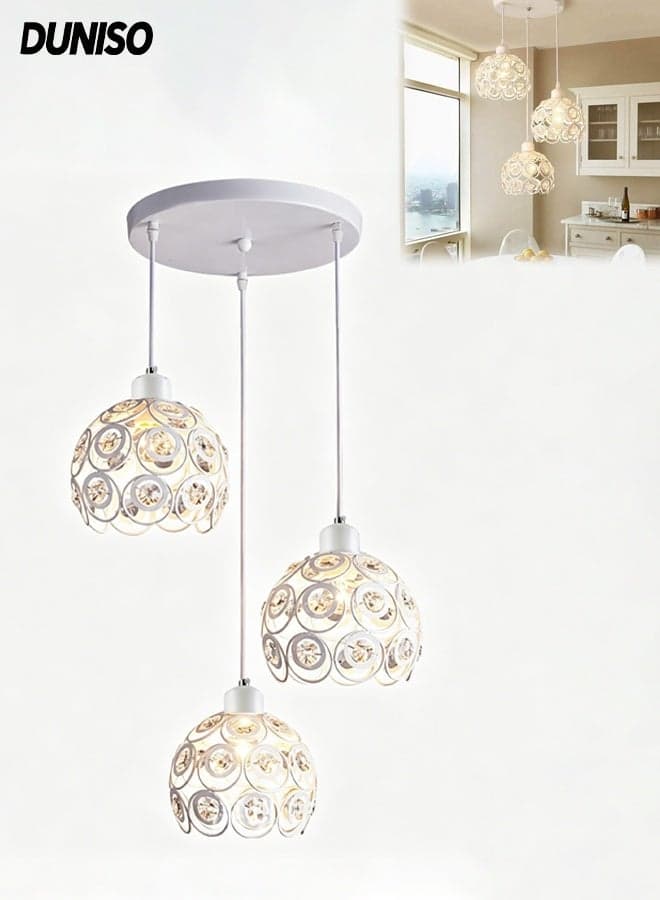 3 Head Modern Crystal Chandelier,Vintage Industrial Pendant Light with Height Adjustable,Round Base Pendant Light with White Asymmetric Spherical Shades,Suitable for Dining Room, Living Room, Hallway