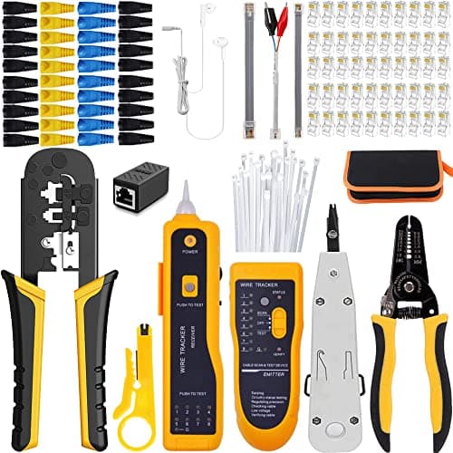 LEATBUY Crimper Set RJ45 Crimp Tool Kit CAT5 CAT6 Crimping Tool LAN Ethernet Stripper 50PCS Connectors 50PCS Covers Network Cable Tester Wire Punch Down CutterBLACK
