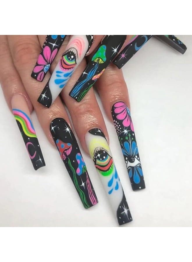 Long Press on Nails Coffin Fake Nails Graffiti Flower Full Cover Glue on Nails Eye Stars Moon Acrylic Nails with Rainbow Designs Coffin Nails Nail Art Decorations for Women Girls