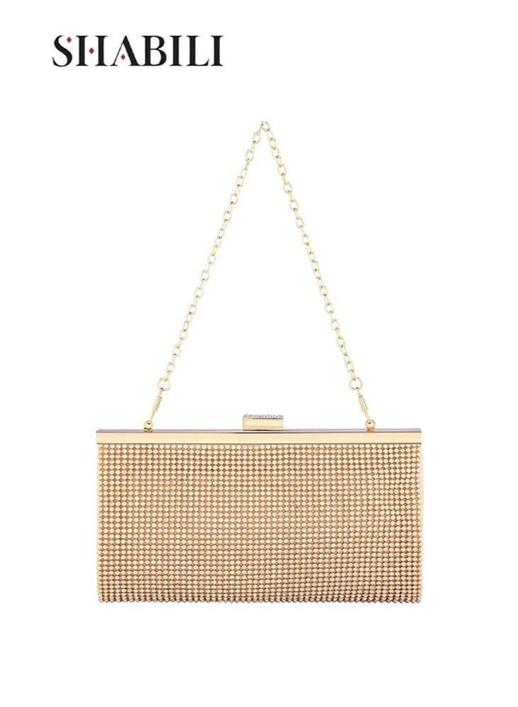 Gold Clutch Bag Banquet Bag Tote Bag Handbag Shoulder Bag Carrying Bag Sling Bag Side Bag for Women Ladies Daily Commuter Campus Party Evening Wedding, Rhinestone Purse with Detachable Chain Strap