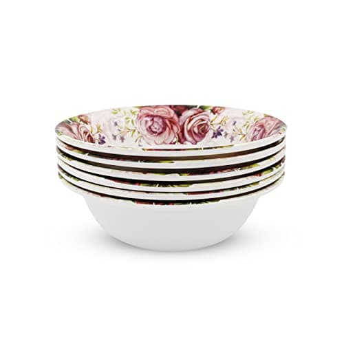 Konvio Kitchen Melamine Vegetable Bowl, Cereal Bowl, Soup Bowl, Snack Bowl Set of 6 Bowls, Pink Floral Design Unbreakable Vegetable Bowl (6 inches, 6 Pieces, 450ml Each)