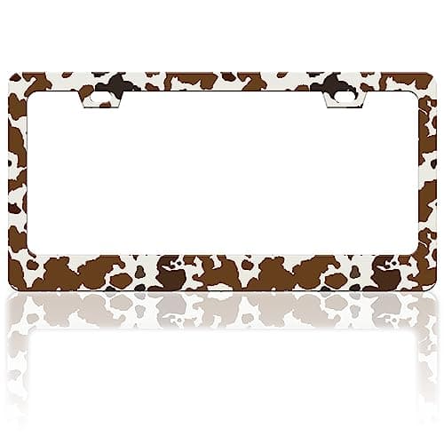 Brown Cow Print License Plate Frame Animal Spots License Plate Frames Funny Auto Accessory Bracket Stainless Steel License Plate for Women Men 6x12 Inch