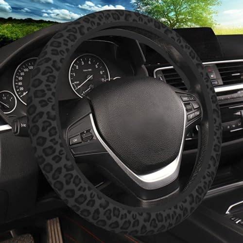 Black Leopard Print Cheetah Elastic Steering Wheel Cover, Non-Slip Breathable Neoprene Steering Wheel Covers, Women Leopard Car Accessories, Universal 15 Inch Fit Auto, Suvs, Truck