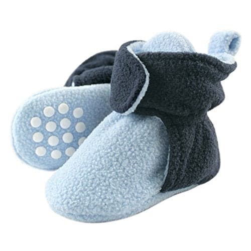 Luvable Friends unisex baby Cozy Fleece Booties Slipper Sock, Light Blue Navy, 6-12 Months Infant US