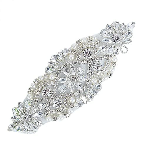 ShiDianYi Rhinestone and Pearl Beaded Applique for Bridal sash, Wedding Headband Wedding Belst Bridal Sash Silver Rhinestone Applique