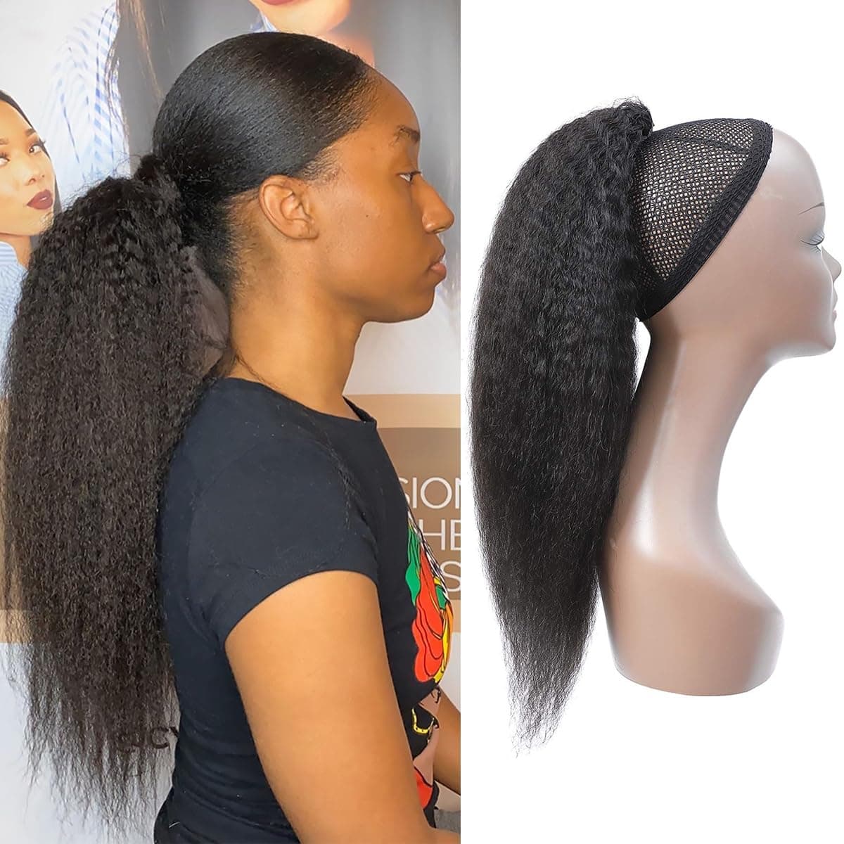 Feelgrace Virgin Human Hair Kinky Straight Ponytail Hair Extensions Clip in Hair Extension Remy Hair 16 Inch Kinky Straight
