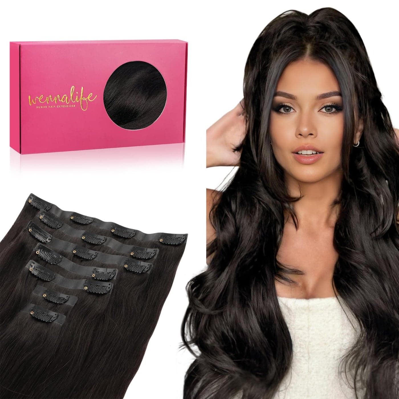 WENNALIFE Seamless Clip In Hair Extensions 16 Inch 130g 7pcs Natural Black Hair Extensions Clip in Human Hair Invisible PU Skin Weft Natural Remy Human Hair Extensions