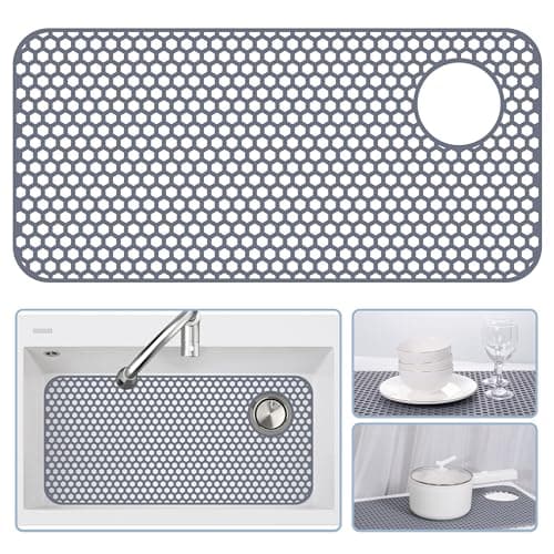 Bestjing Silicone Sink Protectors for Kitchen Sink - 28.4"x 14.3" Kitchen Protector Accessory, Non-Slip Heat Resistant Mat for Bottom of Farmhouse Porcelain Stainless Steel (Top Right Drain Hole,Gray)