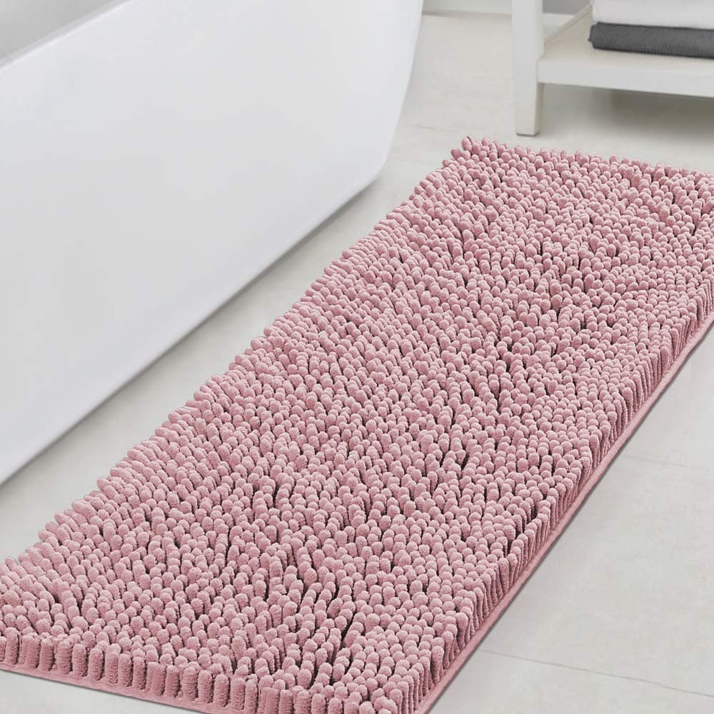 HVERSAILTEX Bath Mat Non Slip Luxury Chenille Bathroom Runner Rug 47x17 Extra Soft Absorbent Shaggy Washable Dry Fast Plush Area Carpet Mat Tub Coral Pink