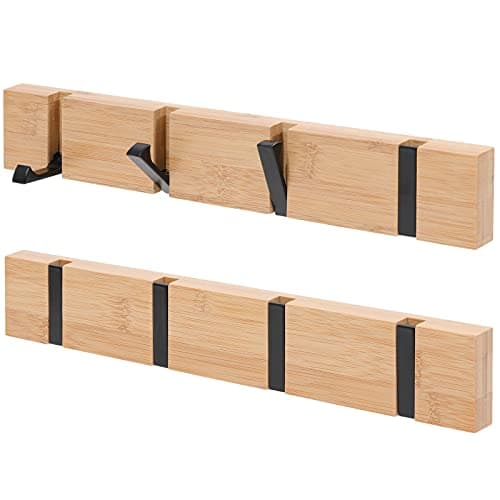 KYSMOTIC Wooden Wall Mounted Folding Coat Rack – Modern, Sleek Space-Saving Hanger for Entryway, Hallway, Living Room, Bedroom, Bathroom – Natural 4 Hooks(2 Pack)