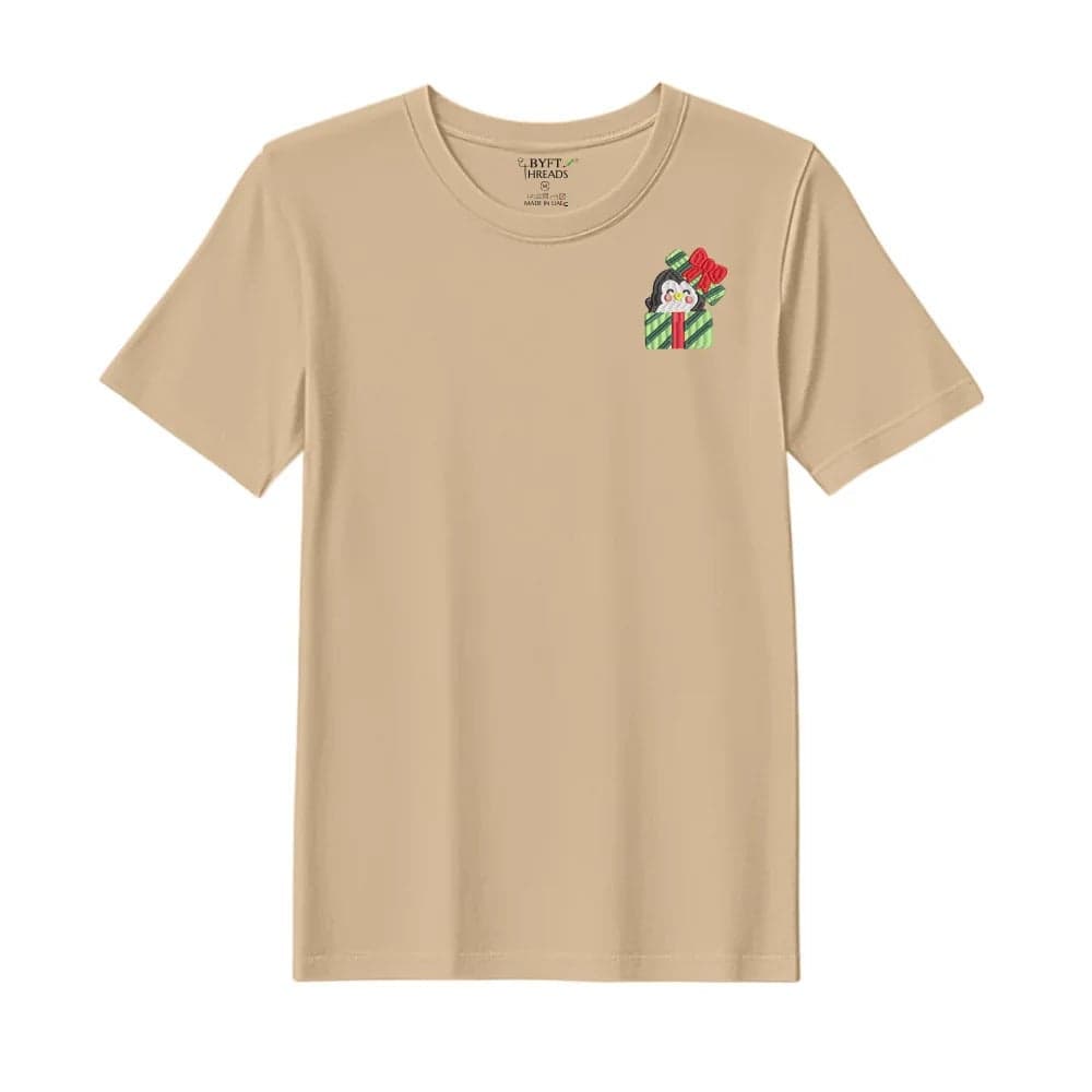 Threads Large Beige Polycotton T-Shirt - Christmas "Penguin Gift Box" Embroidered Design, Premium Holiday Collection