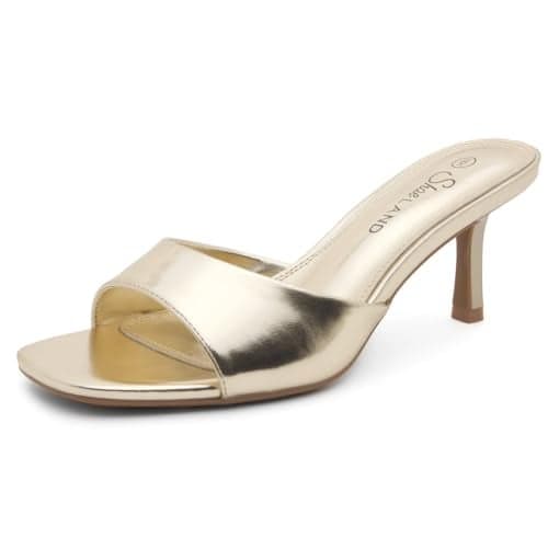 Shoe Land Women's Low Heels Stiletto Heeled Slides, Open Toe One Band Slip-On Heeled Mules – Dressy Heeled Sandals for Prom, Party Wedding and Vacation, Gold, Size 6.0, Deverena