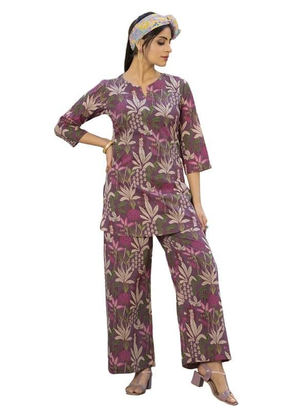 Tee Projekt Cotton Ethnic Wear Co Ord Set for Women | Travel Co Ord Set for Women Purple