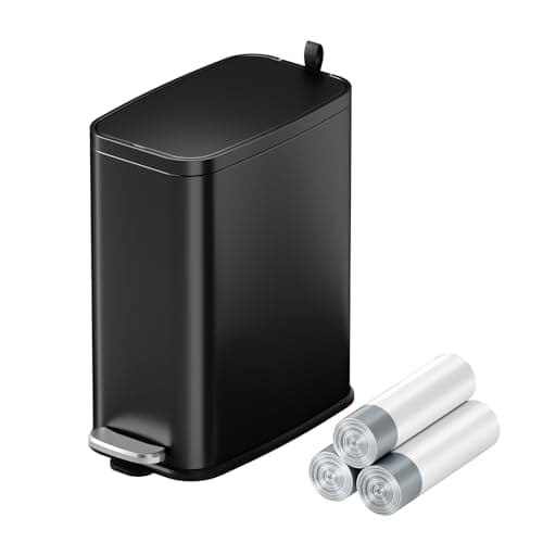 Figella 1.6 Gallon Bathroom Trash Can with Lid Soft Close, Small Black Stainless Steel Step Pedal Garbage Can, Removable Inner Bucket, Includes 60 Trash Bags