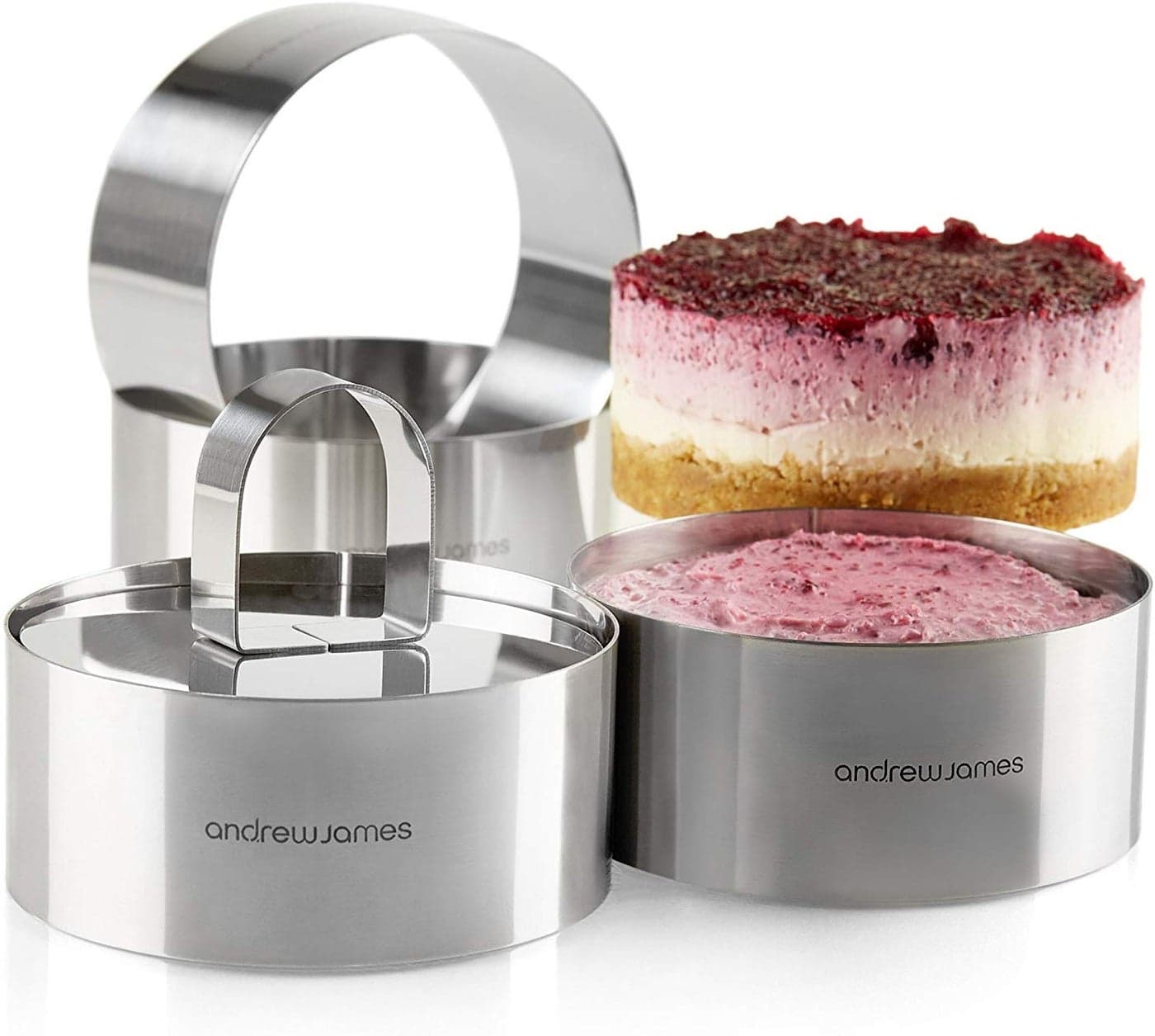 Andrew James Cooking Rings Set of 4 Stainless Steel Chef Rings for Moulding Presentation Includes Food Press Lifter Freezer Oven Dishwasher Safe 4cm x 6cm