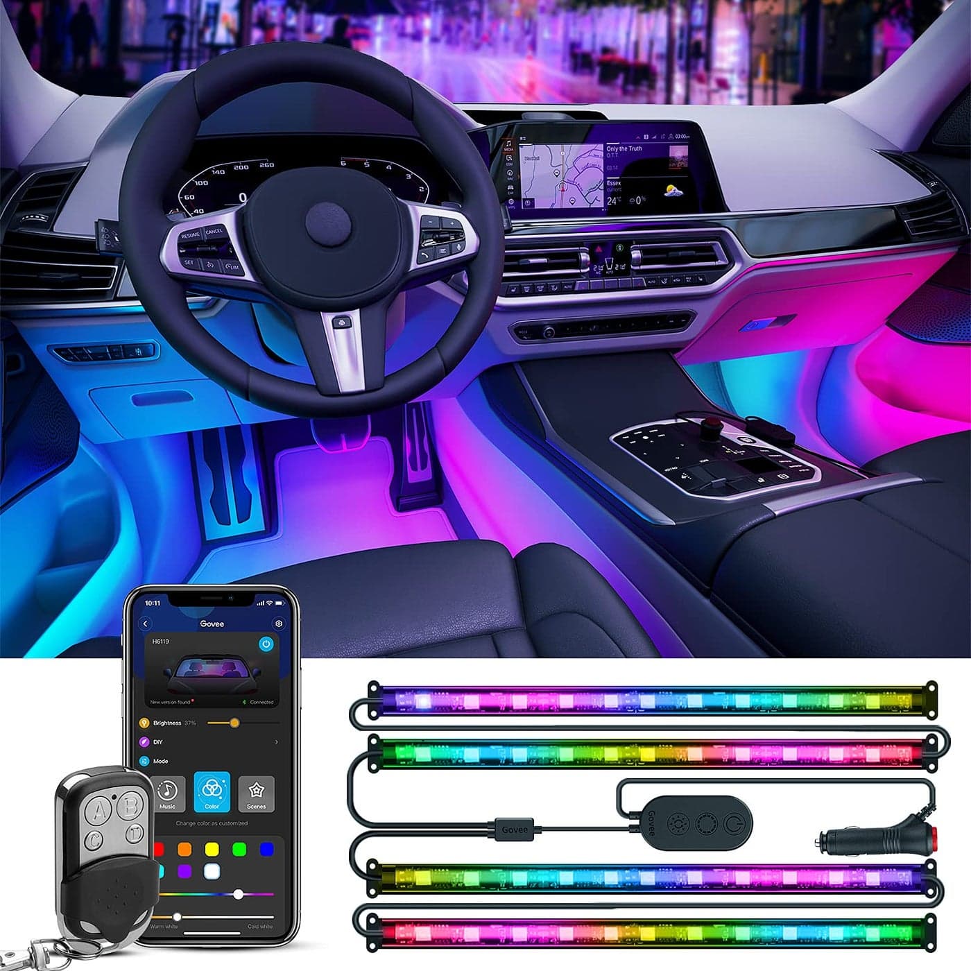 Govee Car Lights Smart RGBIC Interior Car Lights with APP Remote Control LED Lights for Car Decor DIY Mode and Multiple Scene Options 2 Lines Design 72 LED Lights for Car