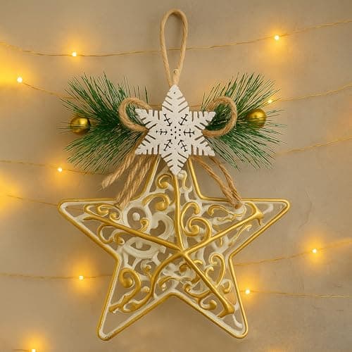 Toyshine 15cm Decorative Christmas Star Ornament with Pine Leaves and Bells Hanging Decoration for Xmas Tree Home and Party