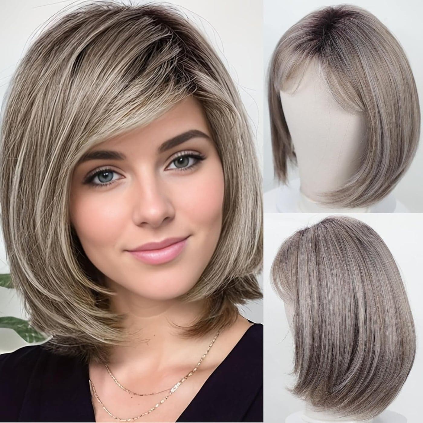 RENERSHOW Short Ombre Grey Wigs for Women Layered Chin length Gray Bob Wig Midlength Straight Hair Wig Natural Looking Synthetic Wig