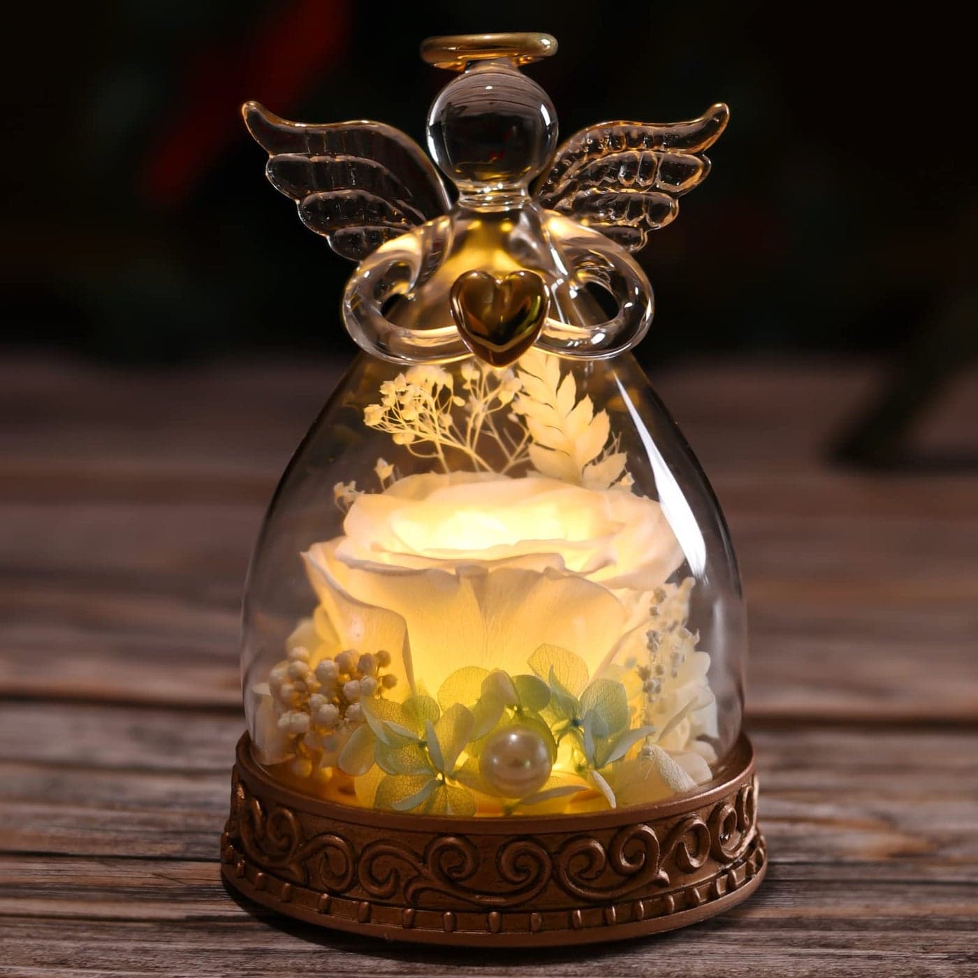 Aastin Preserved Real Rose in Glass Angel Figurine with LED Light Angel Gifts for Women Mom Grandma on Mothers Day Christmas Birthday White