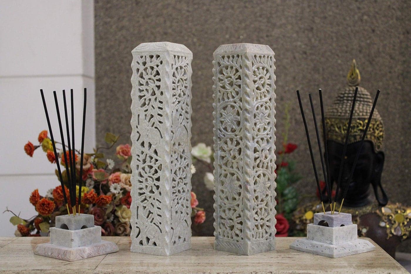 KC KULLICRAFT Handmade Marble Soapstone Incense Stick Burner | Dhoop Batti Stand | Candle Holder | Tea Light Burner - Jaali Carving | Decorative Home and Kitchen Decor (3 x 3 x 11 Inches) (Pack of 2)