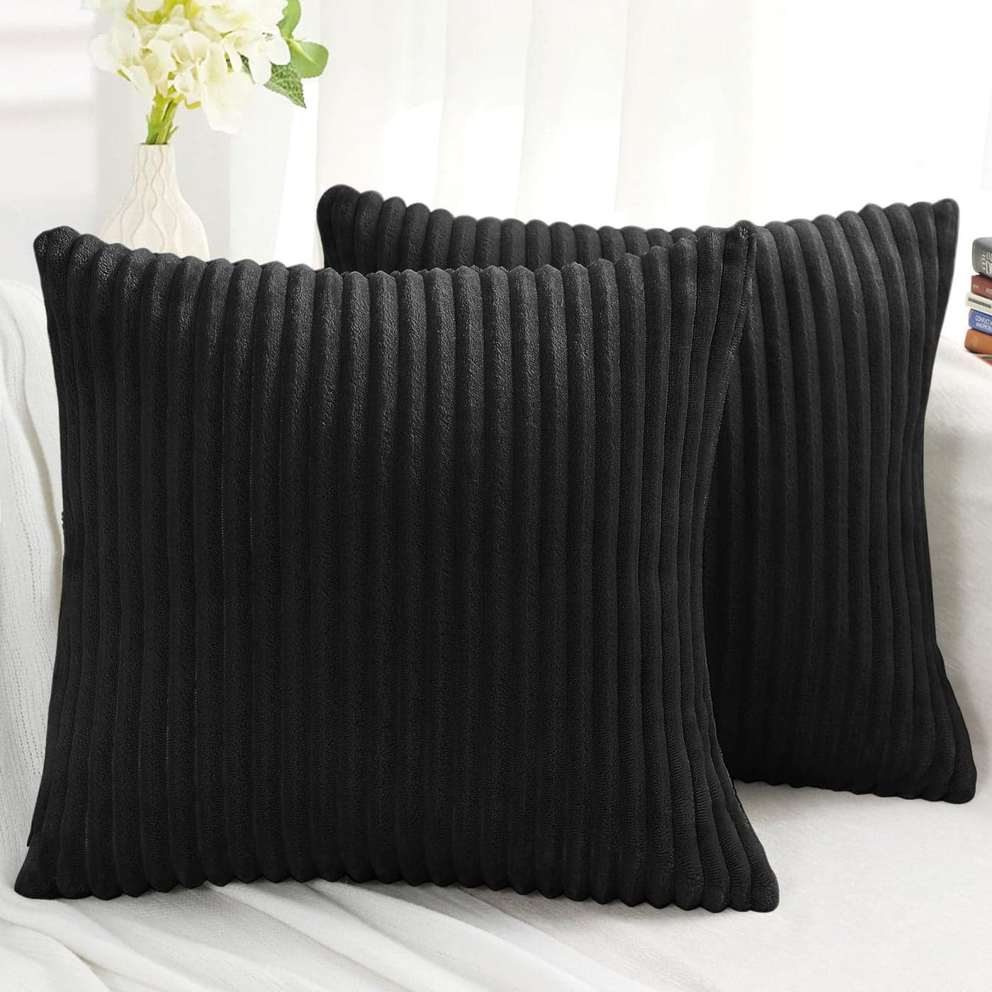 Simmore Decorative Throw Pillow Covers 18x18 Set of 2 Soft Natural Plush Flannel DoubleSided Fluffy Couch Pillow Covers for Sofa Living Room Home Decor Black