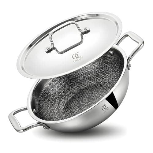 Omichef Triply Honeycomb Kadai/Kadhai with Stainless Steel Lid | Medium 22 Cm (2.1 L, 1.45 Kg) | ISI Certified, Induction & Gas Stove Friendly, 100% Food-Grade & Toxin-Free Cookware (5 Year Warranty)