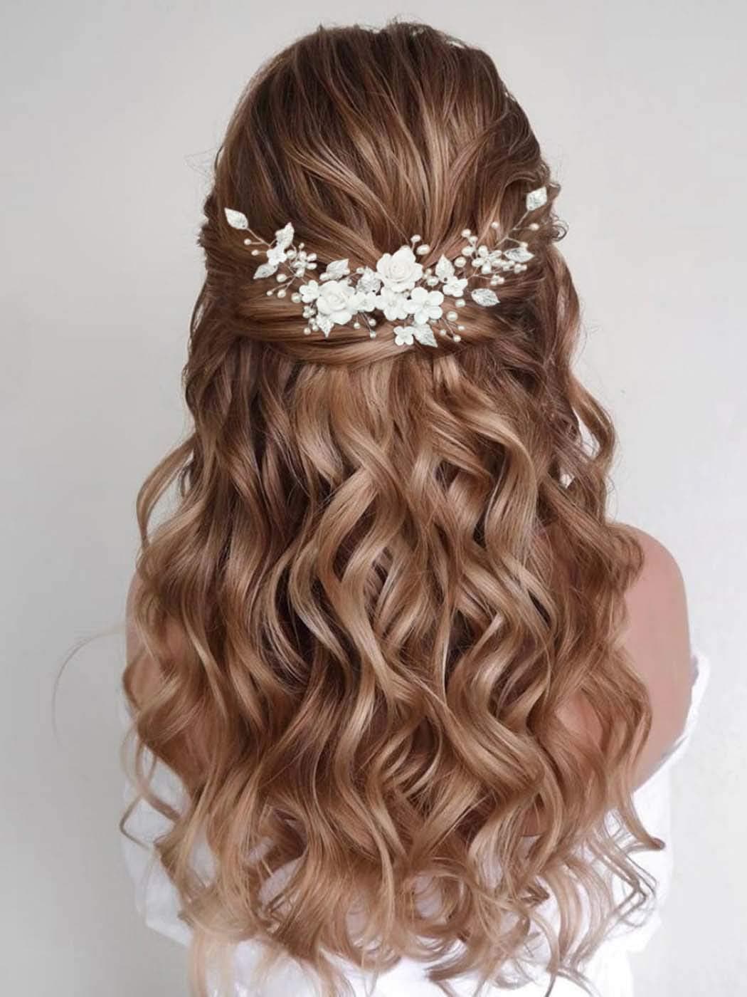 CASDRE Flower Bride Wedding Hair Vine Pearl Bridal Headpiece Leaf Hair Accessories Hair Piece for Women and Girls A Silver