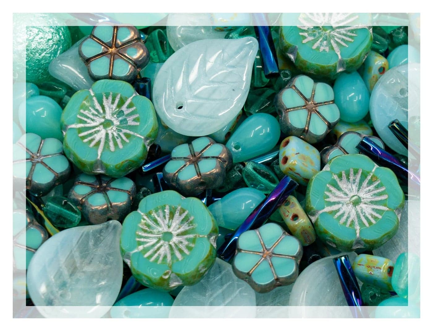 21oz 60 g Mix of Unique Czech Bohemia Glass Pressed Beads Rocailles Opaque Turquoise Green Copper Crystal Silver Matte and Glossy Hand Made BCV