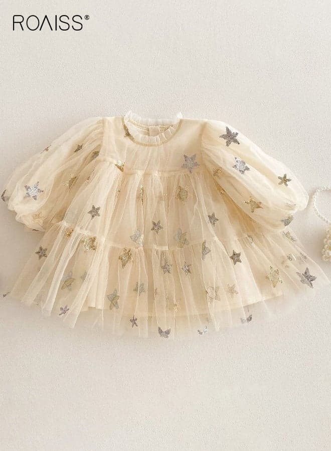 Girls Tulle Dress with Lining, Puff Sleeve Round Neck A-line Dress, Elegant Princess Dress for Girls, Fancy Frock with Star Patterns, Suitable for Daily Wear, Birthday Party and Outdoor Activities