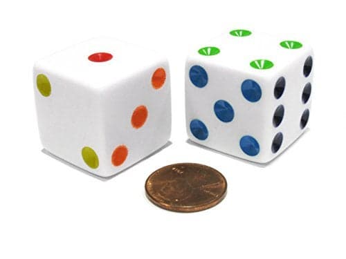Set of 2 D6 25mm Large Opaque Jumbo Dice White with Multicolor Pips