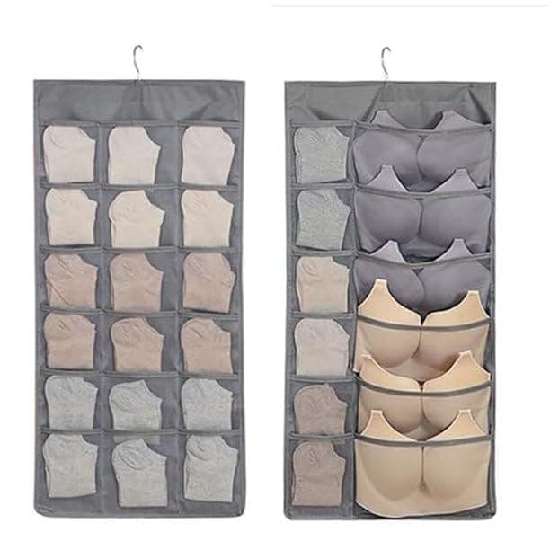 KHANAK 30 Pockets Double Sided Clear Hanging Bag Underwear Bra Socks Hanger Storage Organizer Wall Hanging Closet Shelves Storage Pockets (Grey) Premium Oxford Fabric