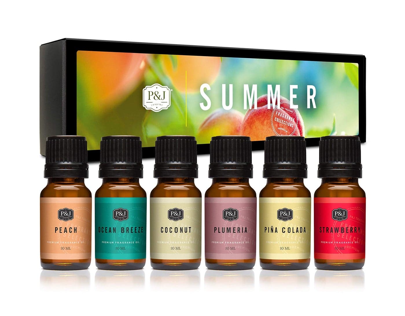PJ Trading Summer Set of 6 Fragrance Oils Peach Strawberry Plumeria Coconut Ocean Breeze Pina Colada Candle Scents Soapmaking Diffuser Oil
