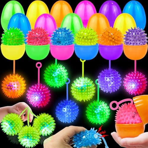 12 Pack 35 Easter Eggs Filled with Light Up Spiky Balls Easter Basket Stuffers Essential for Kids LED Flashing Squeaky Sensory Stress Relief Fidget Toys Easter Eggs Hunt Fillers Party Favors Gifts
