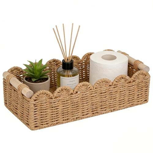 Upgraded Paper Rope Scalloped Edge Toilet Paper Storage Basket Small Living Room Bedroom Decor Baskets for Over Toilet Storage Shelf End Table Shelves and More with 2 Wooden Handle Neutral