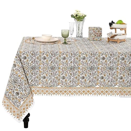 Goldenrod Yellow, Fern Green and Peanut Brown Indian Hand Block Printed 100% Pure Cotton Kitchen Tablecloth Home Decor Table Cloth Dinner Party Gift for Mother's day Her Mom Home Wedding 60x90 Inches