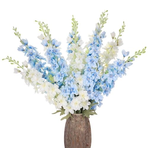 Ovveroche 10 Pcs Delphinium Artificial Flowers for Decoration, 33.86 Inch Long Stem Larkspur Fake Flowers Light Blue Faux Silk Bouquets for Tall Vase Wedding Home Decor Floral Arrangements(White+Blue)