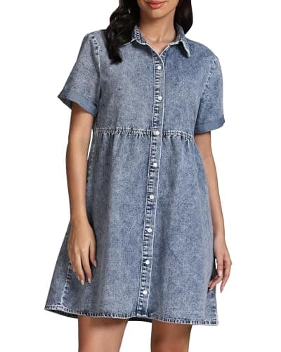 GRAPENT Short Homecoming Denim Dresses Blue Spring Dress for Women 2025 Summer Casual Dresses for Women Button Down Shirt Jean Dress Color Bay Blue Baggy Oversized Small Size 4 Size 6