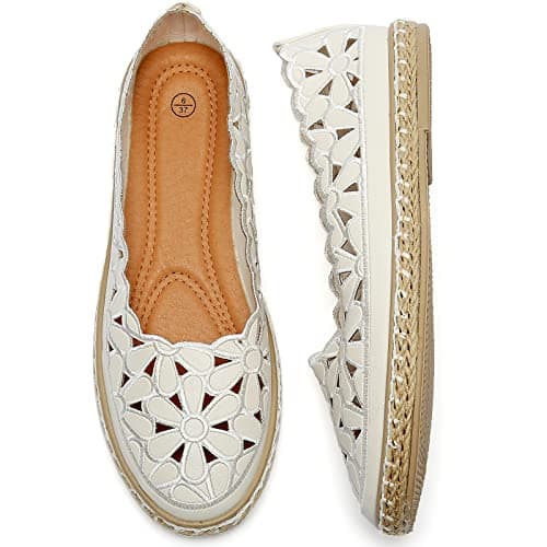 HEAWISH Women's Ballet Flat Daisy Round Toe Dress Shoes Casual Slip On Loafer Espadrilles(White, US9)