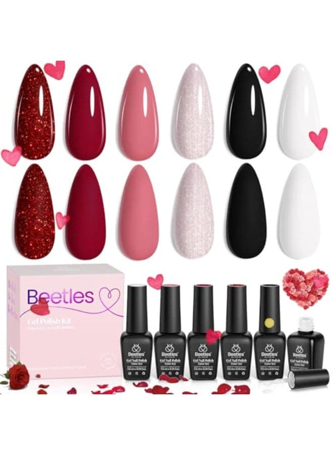 Beetles Gel Nail Polish 6 Colors Nude Pink Red Glitter White Black Rose Golden Gel Polish Queen of Hearts Collection Soak Off Uv Lamp Cured DIY Home Manicure Gift for Women