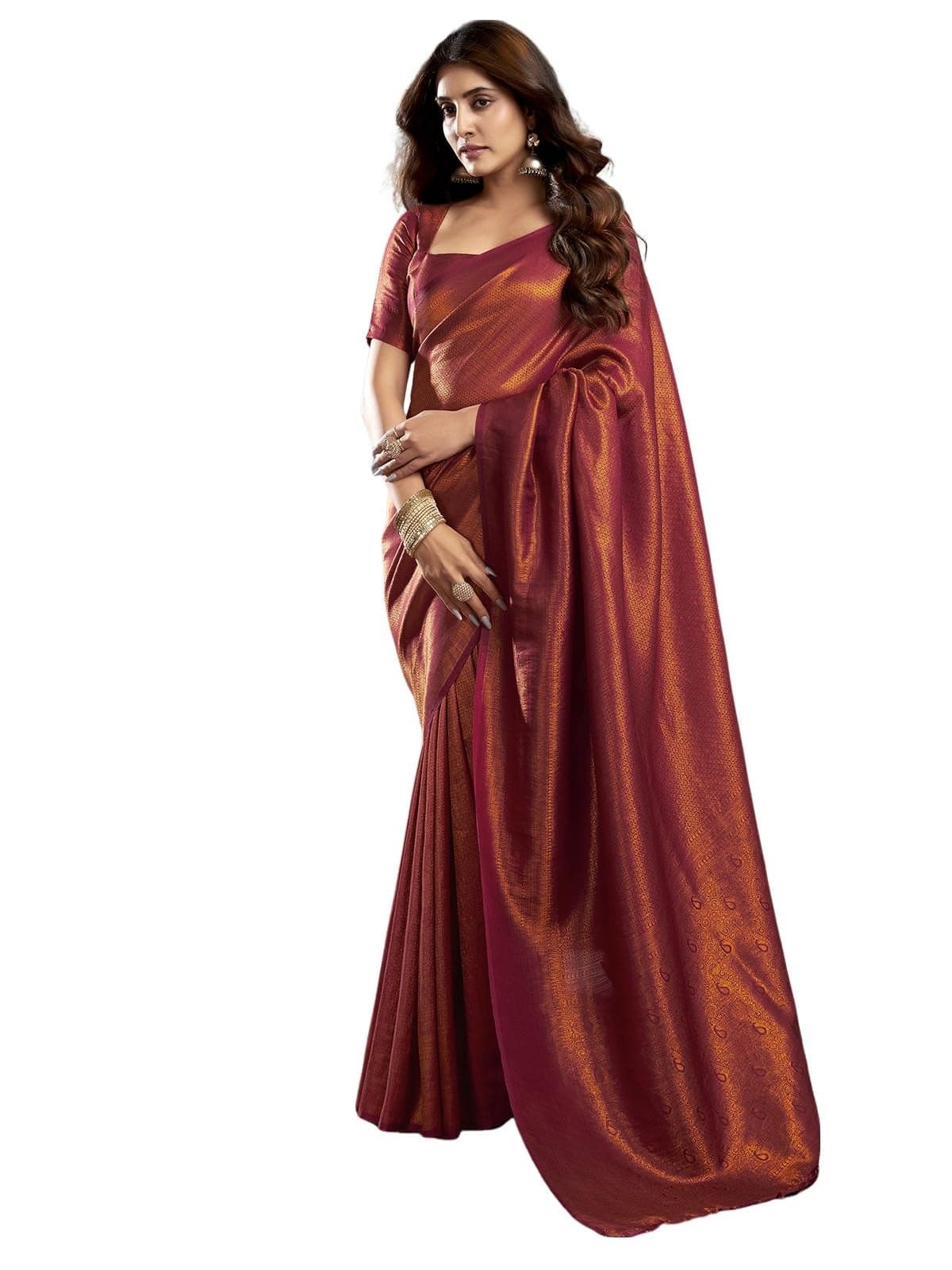 Satrani Women's Silk Blend Banarasi Jacquard Saree with Unstitched Blouse Piece (3819S407N_Maroon & Golden)