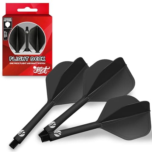 Shot! Darts Flight Deck One Piece Dart Flight and Shaft System, Reduced Deflections, Standard Shaped Flight (350 Micron), Available in Set of 3, Medium Length & Black Color