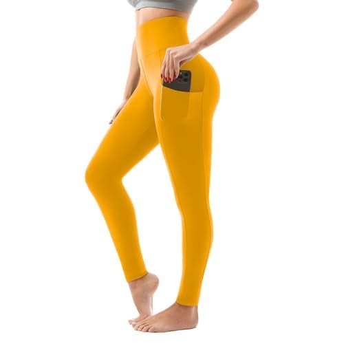 SINOPHANT High Waisted Leggings with Pockets Women, Full Length Capri Buttery Soft Stretchy Yoga Pants(Full Dark Yellow,S-M)