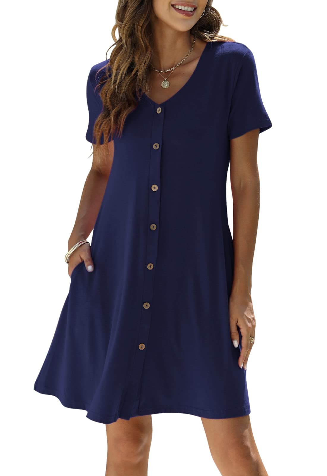 Manydress Women's Summer Casual T Shirt Short Sleeve Button Down Swing Dress with Pockets MY035 (Dark Blue, L)