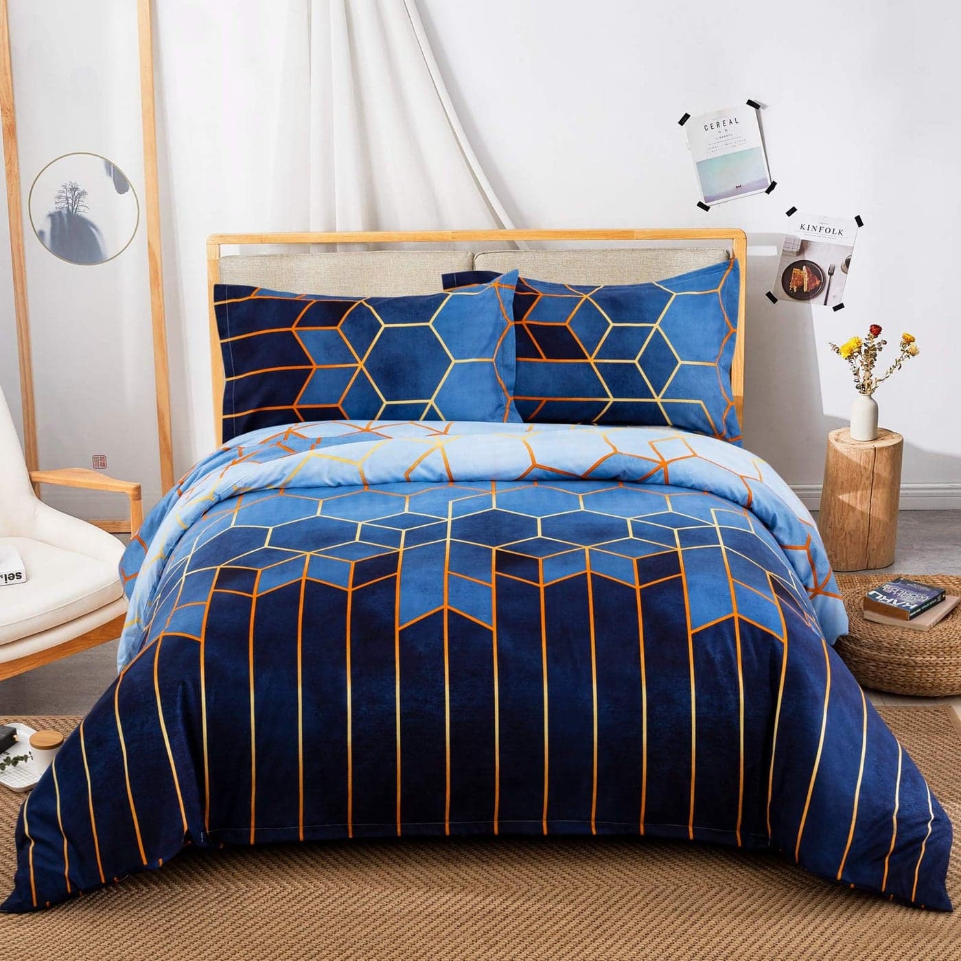 Blue Geometric Duvet Cover Golden Stripes Soft Microfiber Duvet Cover Set Reversible Lightweight Bedding Sets 3pcs with Zipper Closure King 220x230cm