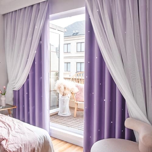 Loyala Stars Curtains Double Layer Curtains Blackout Curtains for Bedroom Kids Curtains Cute Curtains Kids Blackout Curtains, Curtains 108 Inches Long 2 Panels Set, Purple Curtains, 52 X 108 Inches