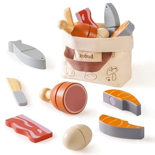 ROBUD Wooden Play Food Set Cutting Toy Food for Pretend Kids Play Kitchen Accessories Toy Food with Storage Bag Toys Gifts for 3 Year Old Girls Boys Meat Set