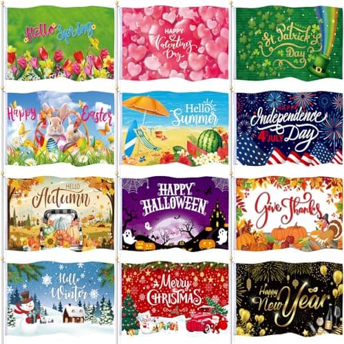 SmoothNovelty 12 Pcs Seasonal Garden Flag 3 x 5 ft Yard Flags for Outside Double Sided Holiday Banner with Grommets for Spring Summer 4th of July Outdoor Banner Decorations