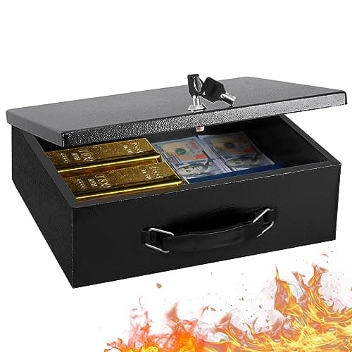 KYODOLED Fireproof Document Box with Key Lock, Large Safe Storage Box for Valuables, Fire Resistance Security Chest, Lock Box for Passport, Cash, Tablet 12.9'' x 10.7'' x 4.2'' Black