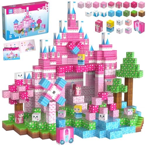 150PCS Magnetic Blocks Magnet Building Cube Toy Build 3D Pink Princess Castle Set for Girls Montessori Sensory Toys for Kids STEM Educational Toys Christmas Childrens Day Gift for Boys Girls