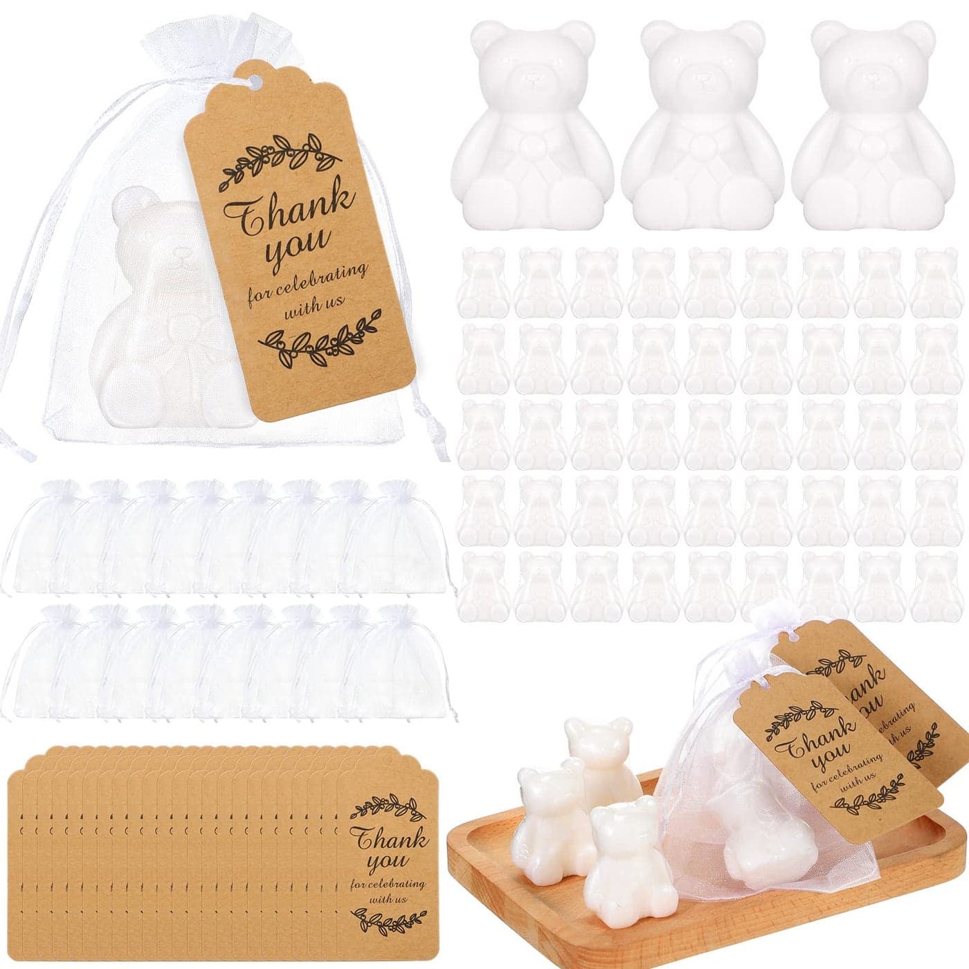 50 Pack Bear Soap Favors White Baby Shower Soap Favors with Thank You Cards and Packaging Bags for Boys Girls Kids Baby Shower Decoration Guest Gift Supplies